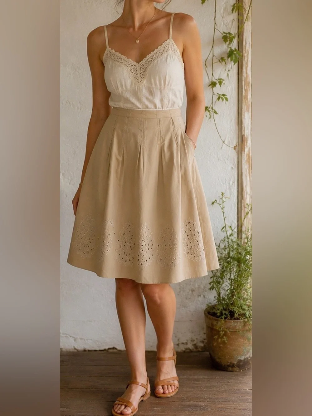 Beige Cotton Eyelet A-Line Skirt Sz 16 Boho Coquette Girl